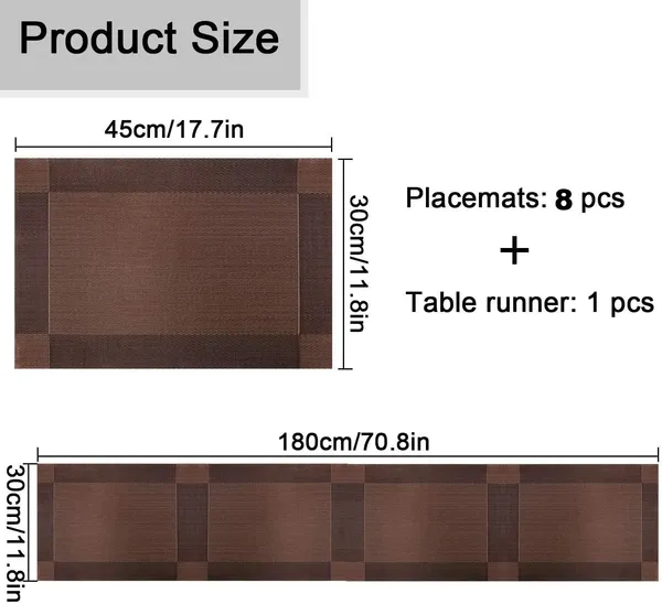 Combo_Of_8_Woven_Vinyl_Placemats_With_1_Pcs_Table_Runner_Set_(Brown)