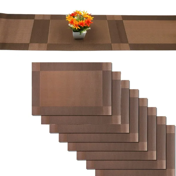 Combo_Of_8_Woven_Vinyl_Placemats_With_1_Pcs_Table_Runner_Set_(Brown)