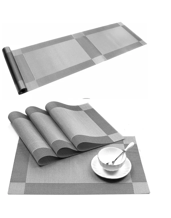 4_Woven_Vinyl_Placemats_With_1_Pcs_Table_Runner_Set_(Silver)