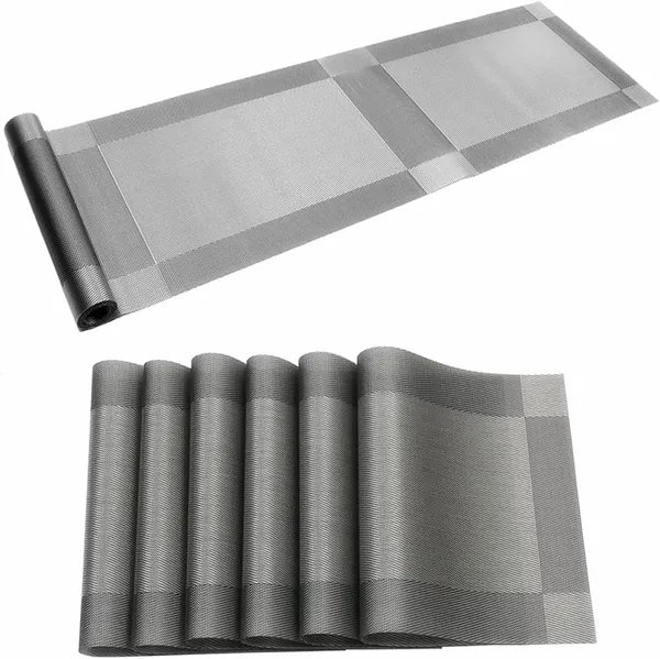 6_Woven_Vinyl_Placemats_With_1_Pcs_Table_Runner_Set_(Silver)