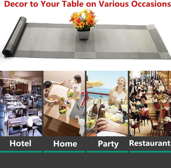 6_Woven_Vinyl_Placemats_With_1_Pcs_Table_Runner_Set_(Silver)