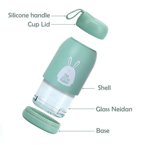 Leak_Proof_Little_Rabbit_Print_Glass_Water_Bottle_(Green)
