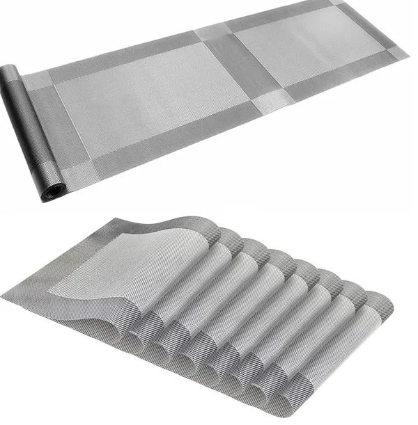 8_Woven_Vinyl_Placemats_With_1_Pcs_Table_Runner_Set_(Silver)