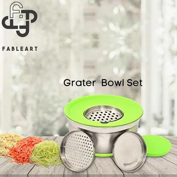 Stainless_Steel_Multipurpose_Grater_Bowl-_Anti_Skid_Bottom_|_Plastic_Lid_and_Interchangeable_Fittings_|_5-Piece_Set_|_Green_and_Silver