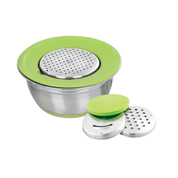 Stainless_Steel_Multipurpose_Grater_Bowl-_Anti_Skid_Bottom_|_Plastic_Lid_and_Interchangeable_Fittings_|_5-Piece_Set_|_Green_and_Silver