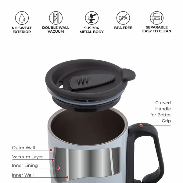 DUBBLIN_Refresh_Unbreakable_Double_Wall_Insulated_with_Handle_and_Lid,_Wide_Mouth_Keeps_beverages_Hot_&_Cold,_White_Stainless_Steel_Coffee_Mug__(350_ml)