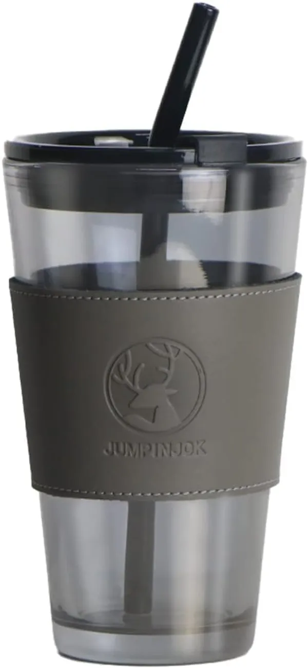 Black_Glass_Sipper_Tumbler_With_Lid,_Straw_&_Leather_Sleeve_For_�??Adult_&_Kids_Pack_Of_1