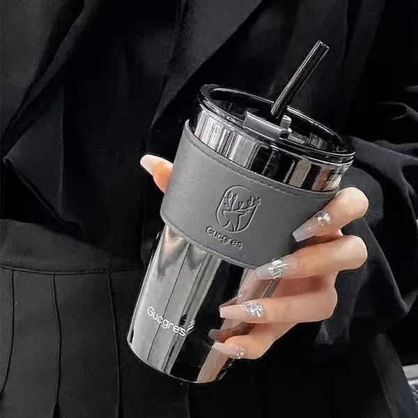Black_Glass_Sipper_Tumbler_With_Lid,_Straw_&_Leather_Sleeve_For_�??Adult_&_Kids_Pack_Of_1