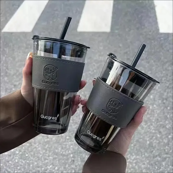 Black_Glass_Sipper_Tumbler_With_Lid,_Straw_&_Leather_Sleeve_For_�??Adult_&_Kids_Pack_Of_1