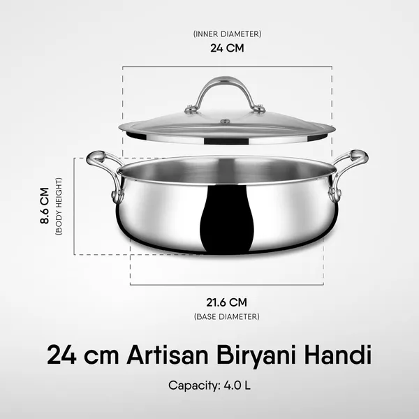 Artisan_Triply_Stainless_Steel_24_cm_4L_Biryani_Handi_with_Dual_lid,_Steel_Lid_for_Dum_&_Glass_Lid_for_Serving_|_Biryani_Pot,_Gas_&_Induction_Compatible_|_Non-Toxic,_Less_Oil,_Stick_Resistant