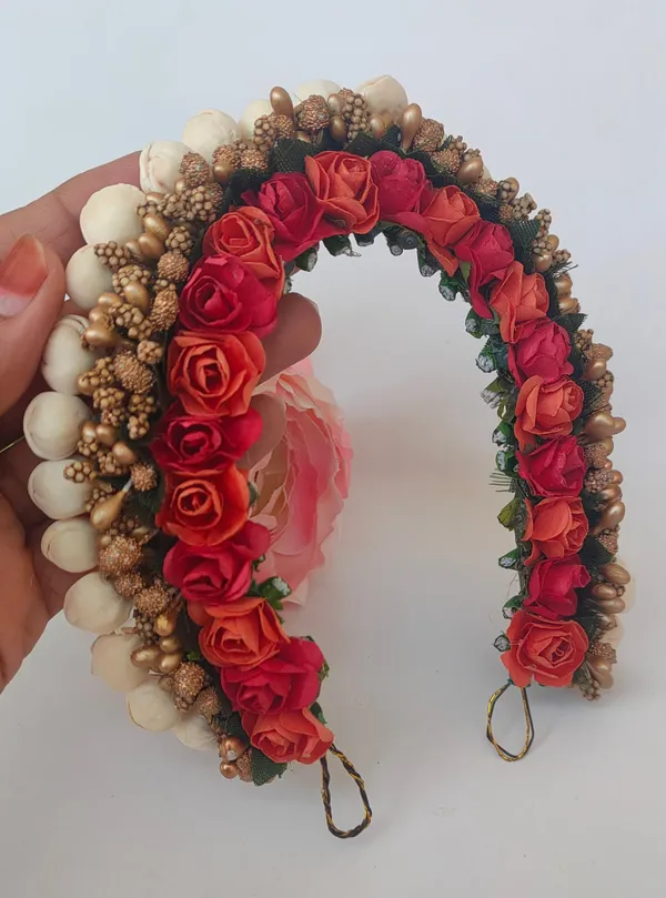Pink_&_Orange_Artificial_Flower_Hair_Gajra_For_Women