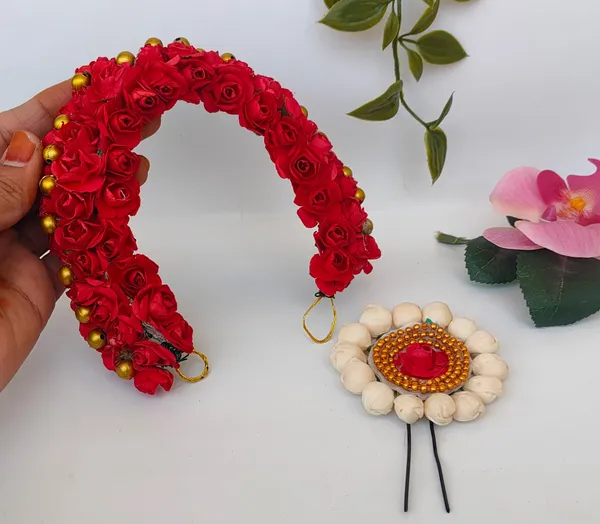 Red_Artificial_Flower_Hair_Gajra_|_For_Women_Hair_Styling