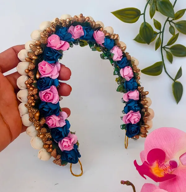 Baby_Pink_&_Blue_Artificial_Flower_Hair_Gajra_|_For_Women_Hair_Styling