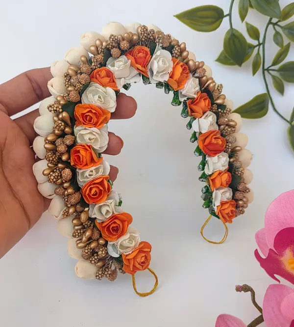 Orange_&_White_Artificial_Flower_Hair_Gajra