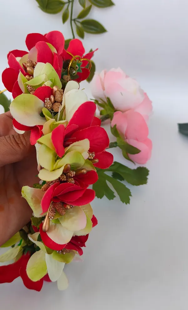Red_&_Green_Artificial_Flower_Hair_Gajra_|_For_Women_Hair_Styling
