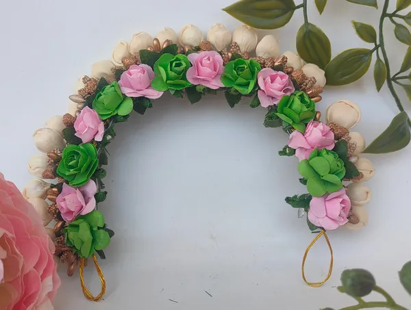 Baby_Pink_&_Green_Artificial_Flower_Hair_Gajra_|_For_Women_Hair_Styling