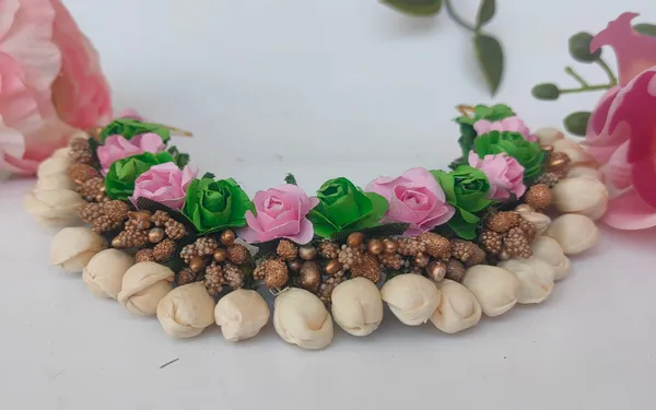 Baby_Pink_&_Green_Artificial_Flower_Hair_Gajra_|_For_Women_Hair_Styling