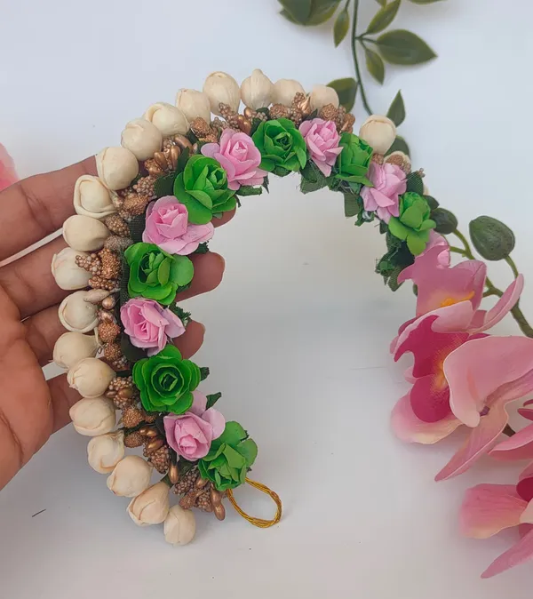 Baby_Pink_&_Green_Artificial_Flower_Hair_Gajra_|_For_Women_Hair_Styling