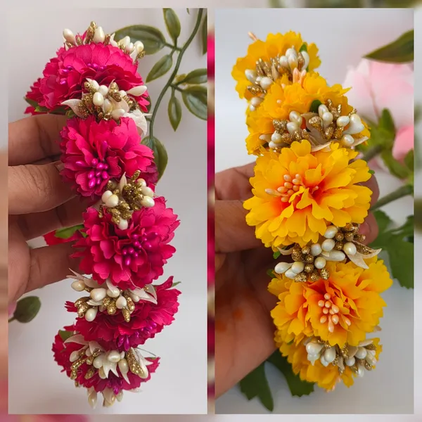 Pack_Of_2_Yellow_&_Pink_Artificial_Flower_Hair_Gajra_|_For_Women
