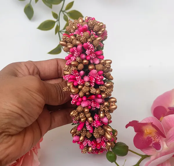 Pink_&_Gold_Bridal_Artificial_Flower_Hair_Gajra_|_For_Women_Hair_Styling