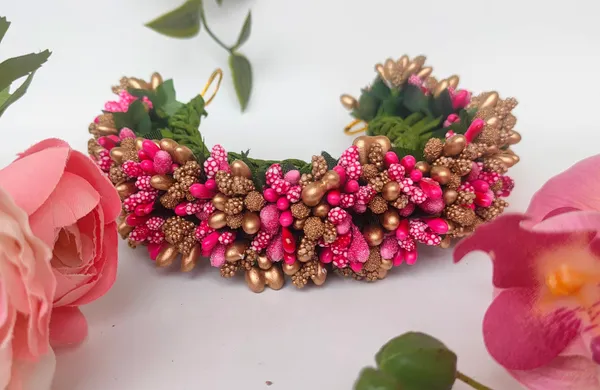 Pink_&_Gold_Bridal_Artificial_Flower_Hair_Gajra_|_For_Women_Hair_Styling