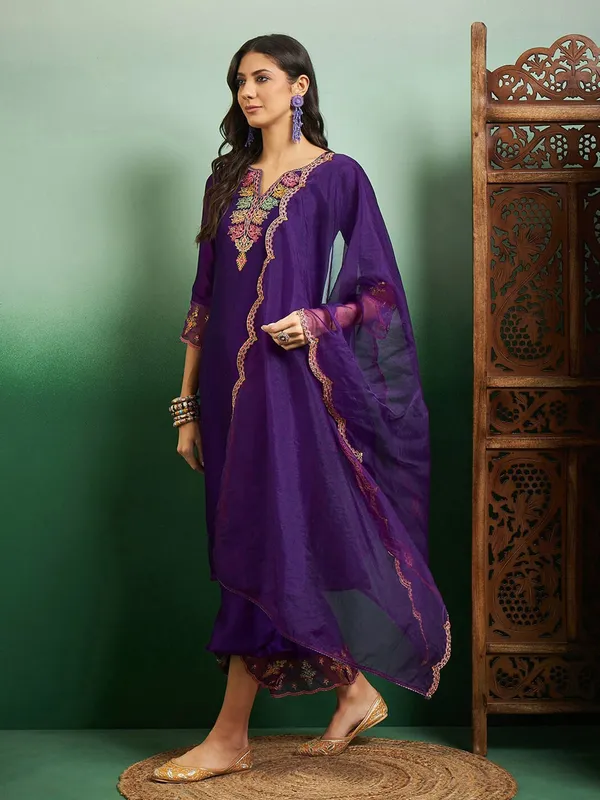 Purple_Georgette_Embroidered_A-Line_Kurta_With_Dupatta_And_Pant_Set_For_Women