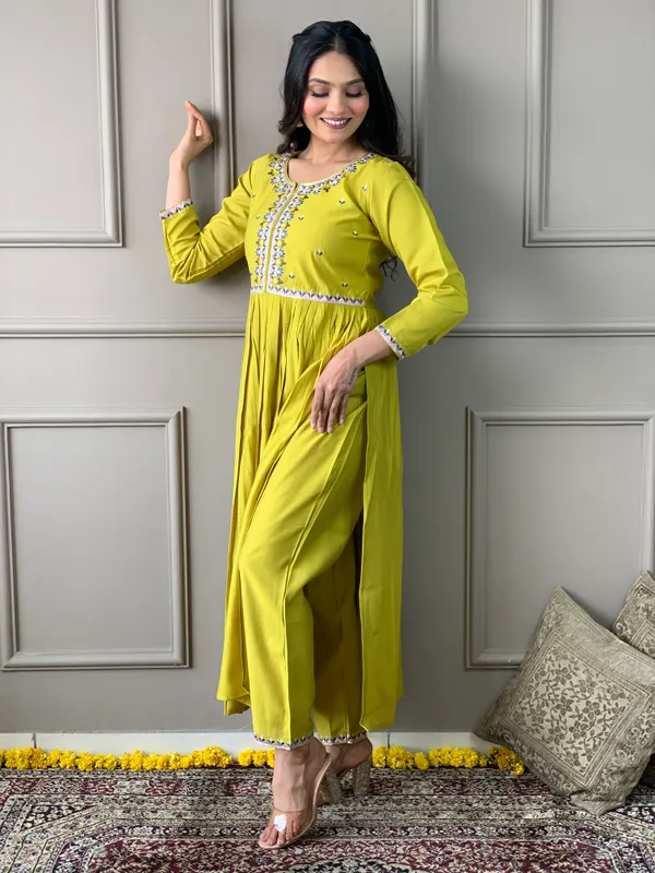 Yellow_Chanderi_Viscose_Embroidered_A-Line_Kurta_With_Dupatta_And_Pant_Set_For_Women