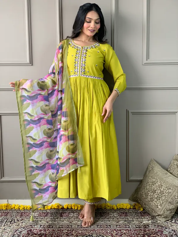 Yellow_Chanderi_Viscose_Embroidered_A-Line_Kurta_With_Dupatta_And_Pant_Set_For_Women