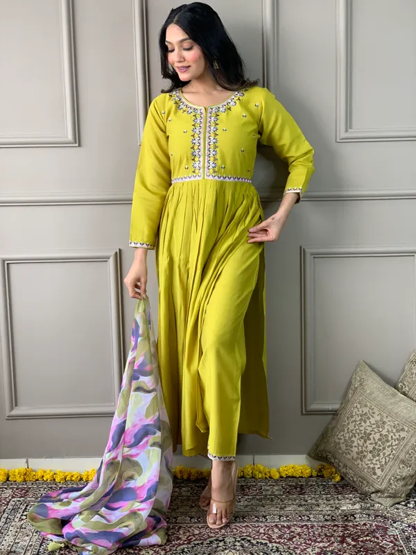 Yellow_Chanderi_Viscose_Embroidered_A-Line_Kurta_With_Dupatta_And_Pant_Set_For_Women