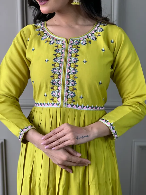 Yellow_Chanderi_Viscose_Embroidered_A-Line_Kurta_With_Dupatta_And_Pant_Set_For_Women