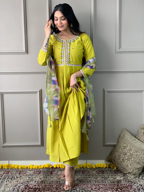 Yellow_Chanderi_Viscose_Embroidered_A-Line_Kurta_With_Dupatta_And_Pant_Set_For_Women