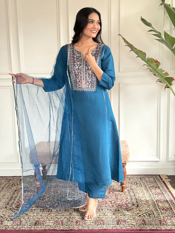 Blue_Chanderi_Viscose_Embroidered_A-Line_Kurta_With_Dupatta_And_Pant_Set_For_Women