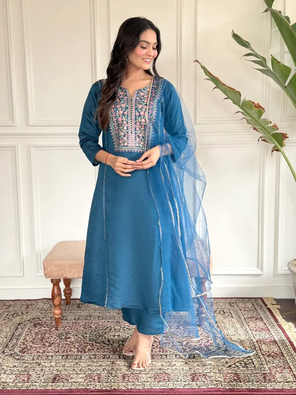 Blue_Chanderi_Viscose_Embroidered_A-Line_Kurta_With_Dupatta_And_Pant_Set_For_Women
