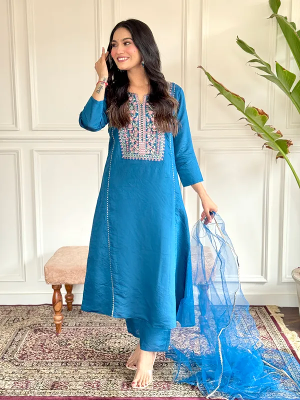 Blue_Chanderi_Viscose_Embroidered_A-Line_Kurta_With_Dupatta_And_Pant_Set_For_Women