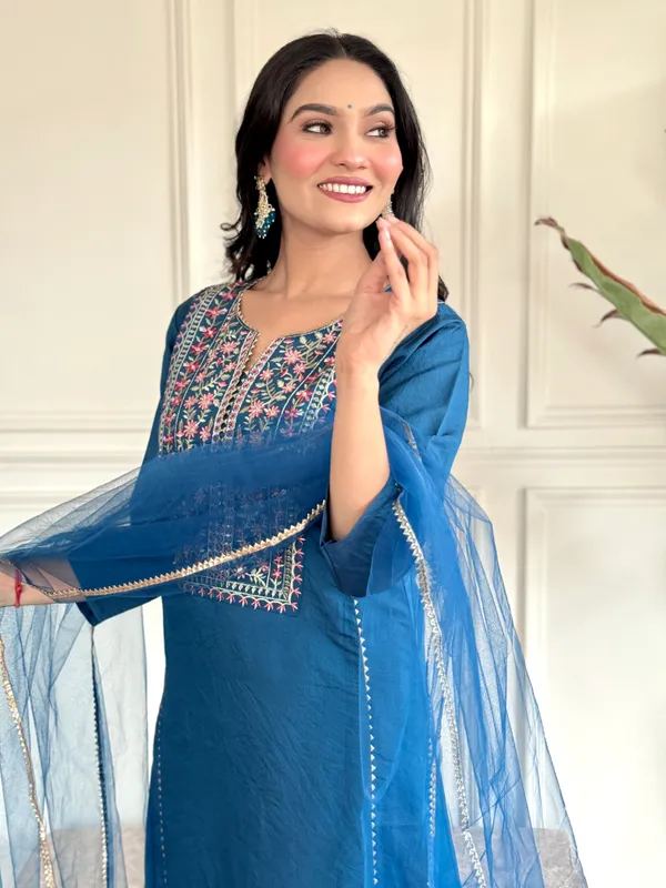 Blue_Chanderi_Viscose_Embroidered_A-Line_Kurta_With_Dupatta_And_Pant_Set_For_Women