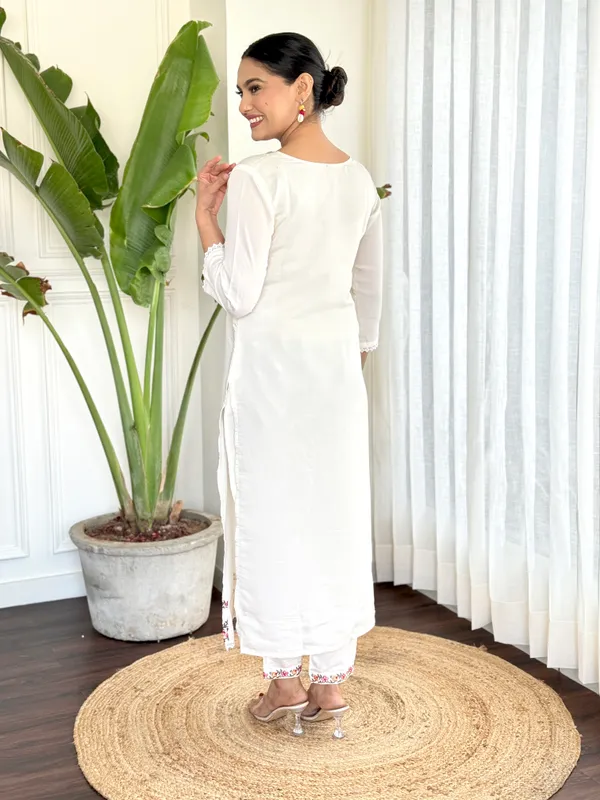 White_Chanderi_Viscose_Embroidered_A-Line_Kurta_With_Dupatta_And_Pant_Set_For_Women