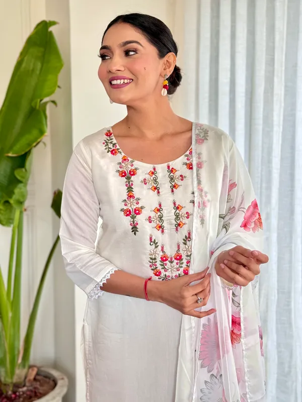 White_Chanderi_Viscose_Embroidered_A-Line_Kurta_With_Dupatta_And_Pant_Set_For_Women