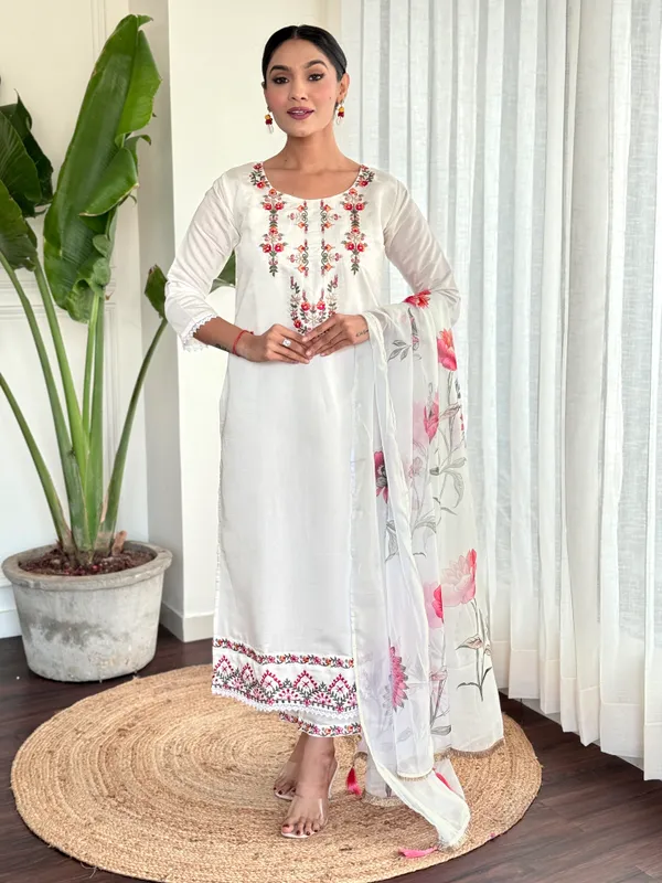 White_Chanderi_Viscose_Embroidered_A-Line_Kurta_With_Dupatta_And_Pant_Set_For_Women
