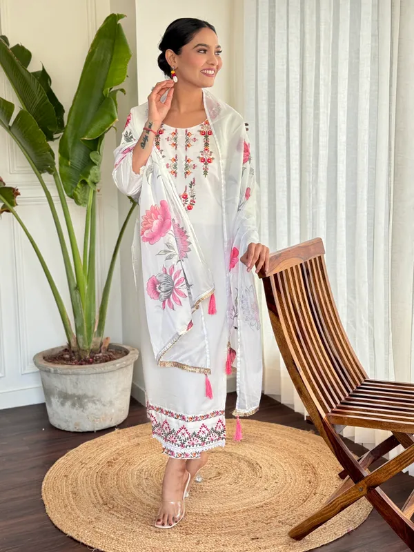White_Chanderi_Viscose_Embroidered_A-Line_Kurta_With_Dupatta_And_Pant_Set_For_Women