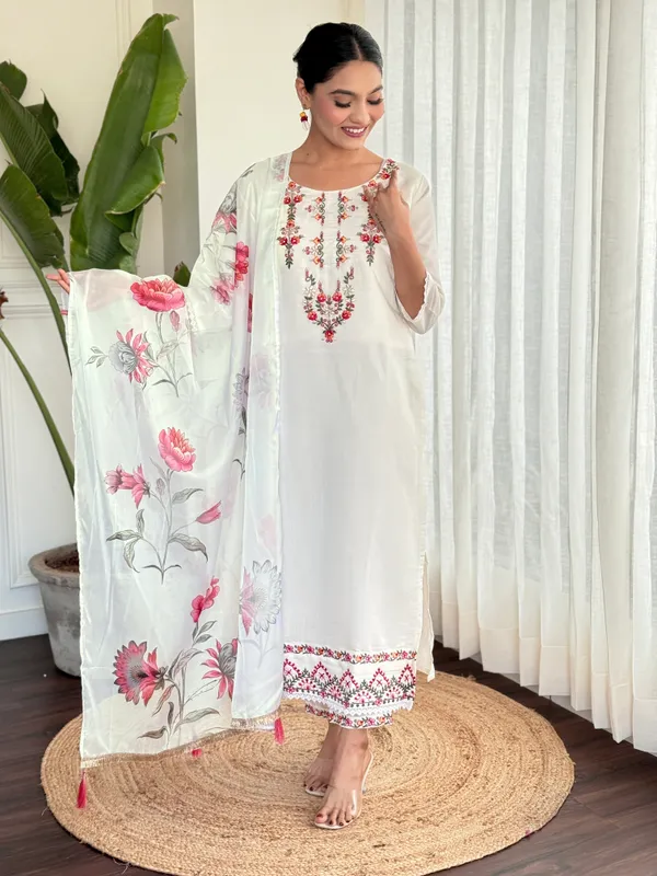 White_Chanderi_Viscose_Embroidered_A-Line_Kurta_With_Dupatta_And_Pant_Set_For_Women