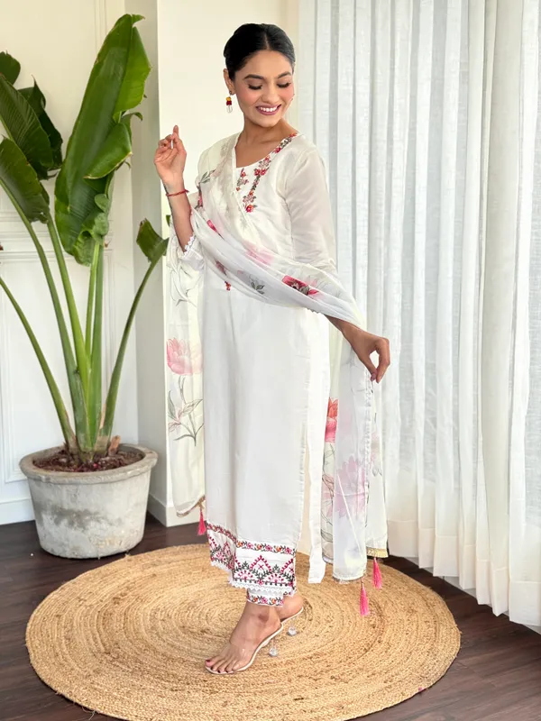 White_Chanderi_Viscose_Embroidered_A-Line_Kurta_With_Dupatta_And_Pant_Set_For_Women