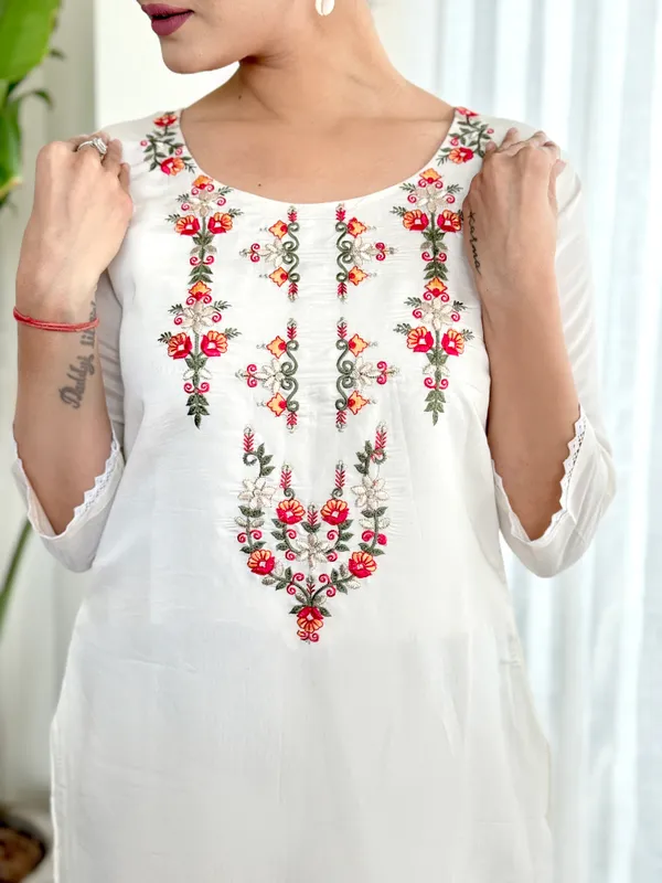 White_Chanderi_Viscose_Embroidered_A-Line_Kurta_With_Dupatta_And_Pant_Set_For_Women