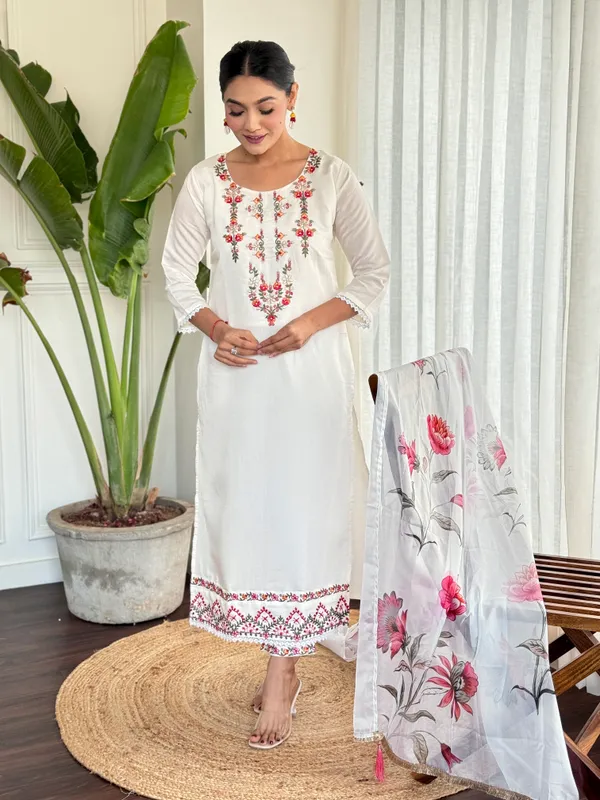 White_Chanderi_Viscose_Embroidered_A-Line_Kurta_With_Dupatta_And_Pant_Set_For_Women