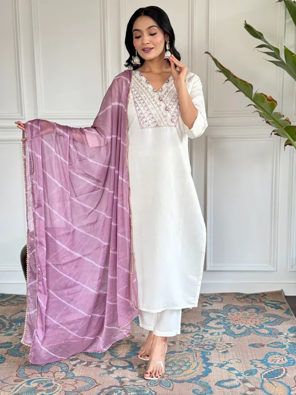 White_Chanderi_Viscose_Embroidered_A-Line_Kurta_With_Dupatta_And_Pant_Set_For_Women