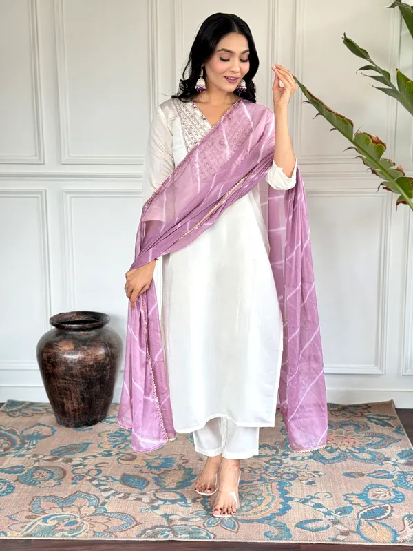 White_Chanderi_Viscose_Embroidered_A-Line_Kurta_With_Dupatta_And_Pant_Set_For_Women