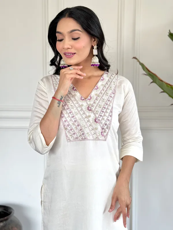 White_Chanderi_Viscose_Embroidered_A-Line_Kurta_With_Dupatta_And_Pant_Set_For_Women