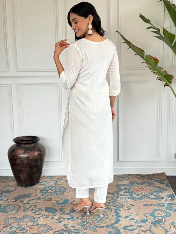 White_Chanderi_Viscose_Embroidered_A-Line_Kurta_With_Dupatta_And_Pant_Set_For_Women