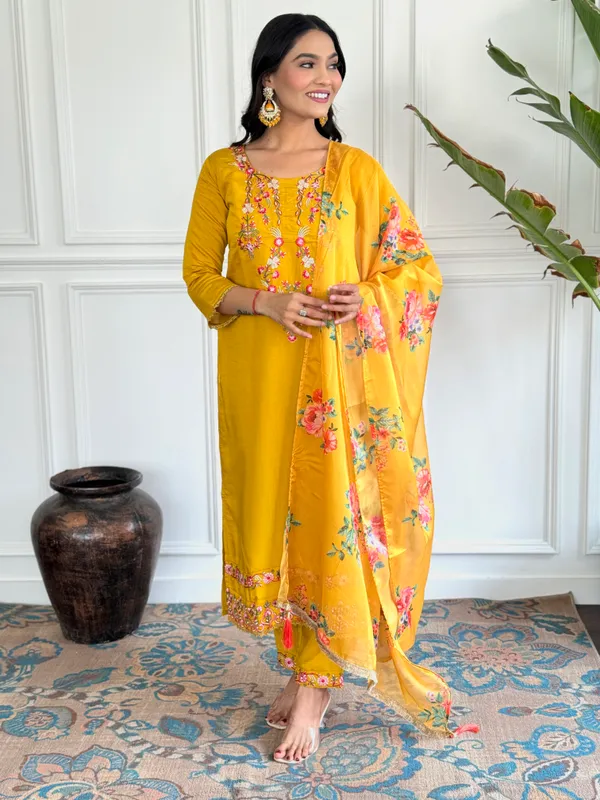 Yellow_Chanderi_Viscose_Embroidered_A-Line_Kurta_With_Dupatta_And_Pant_Set_For_Women