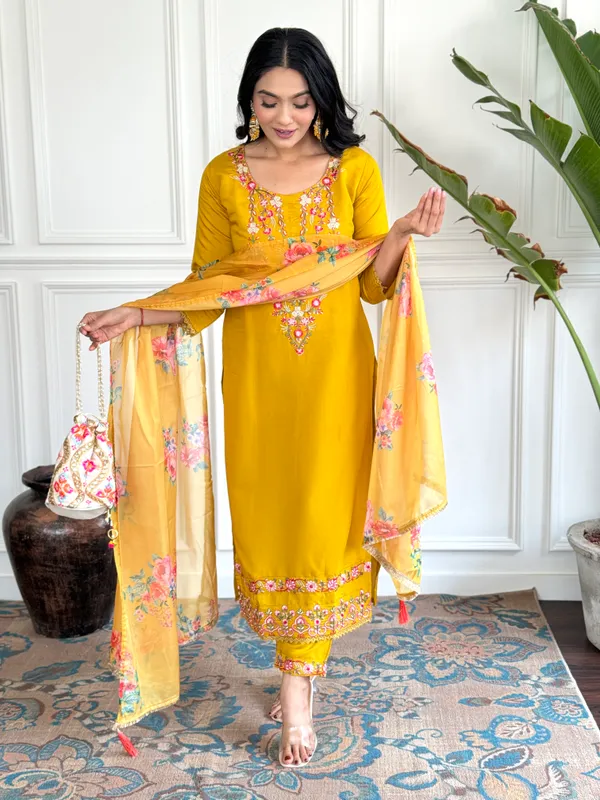 Yellow_Chanderi_Viscose_Embroidered_A-Line_Kurta_With_Dupatta_And_Pant_Set_For_Women