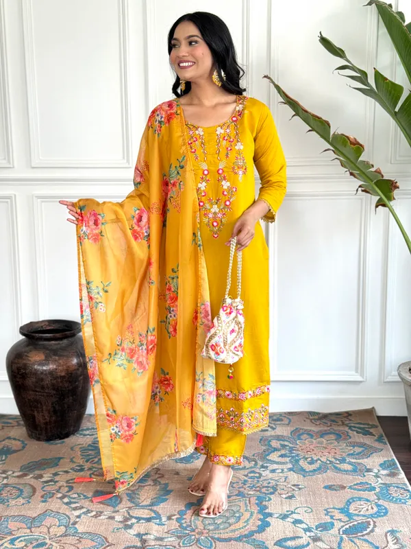 Yellow_Chanderi_Viscose_Embroidered_A-Line_Kurta_With_Dupatta_And_Pant_Set_For_Women